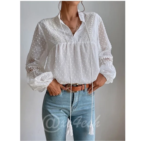 White Blouse Shirt Lantern Sleeves Tassel Ties French Style V-Neck Lace Detail - Picture 6 of 9